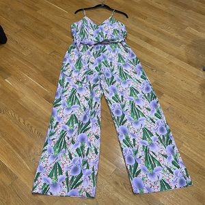 Stunning lavender, tropical wide leg, spaghetti strap jumpsuit